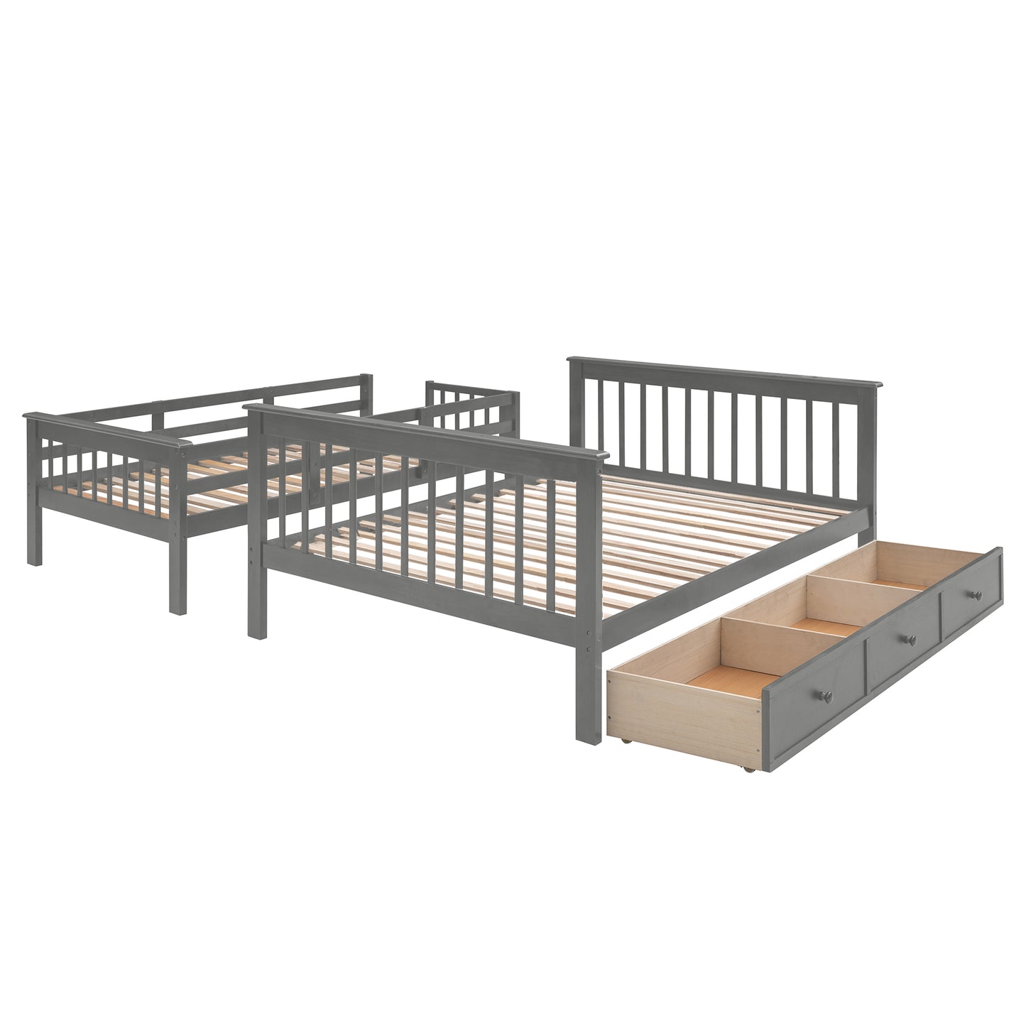 Stairway Twin-Over-Full Bunk Bed with Drawer, Storage and Guard Rail for Bedroom, Dorm, for Adults, Gray color