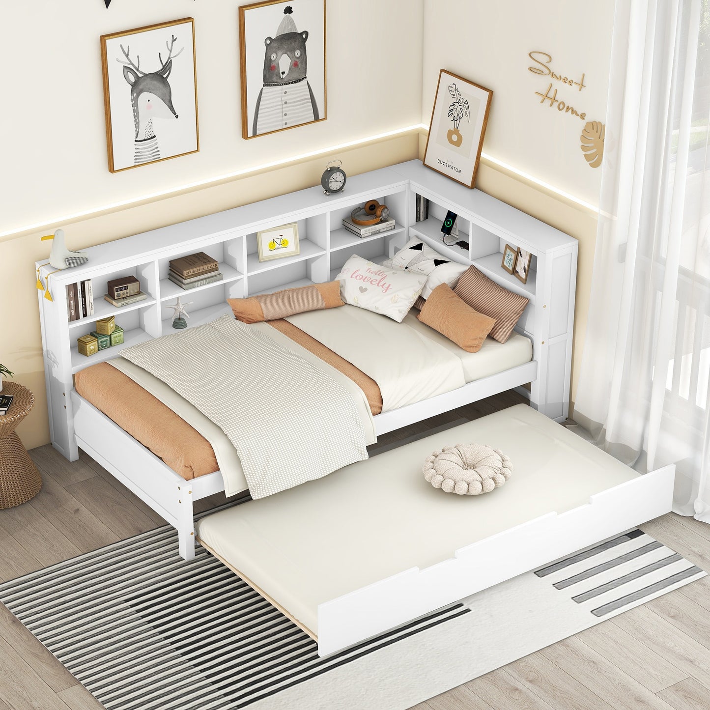 Wooden Twin Size DayBed with Twin Trundle, DayBed with Storage Shelf and USB Charging Ports,White