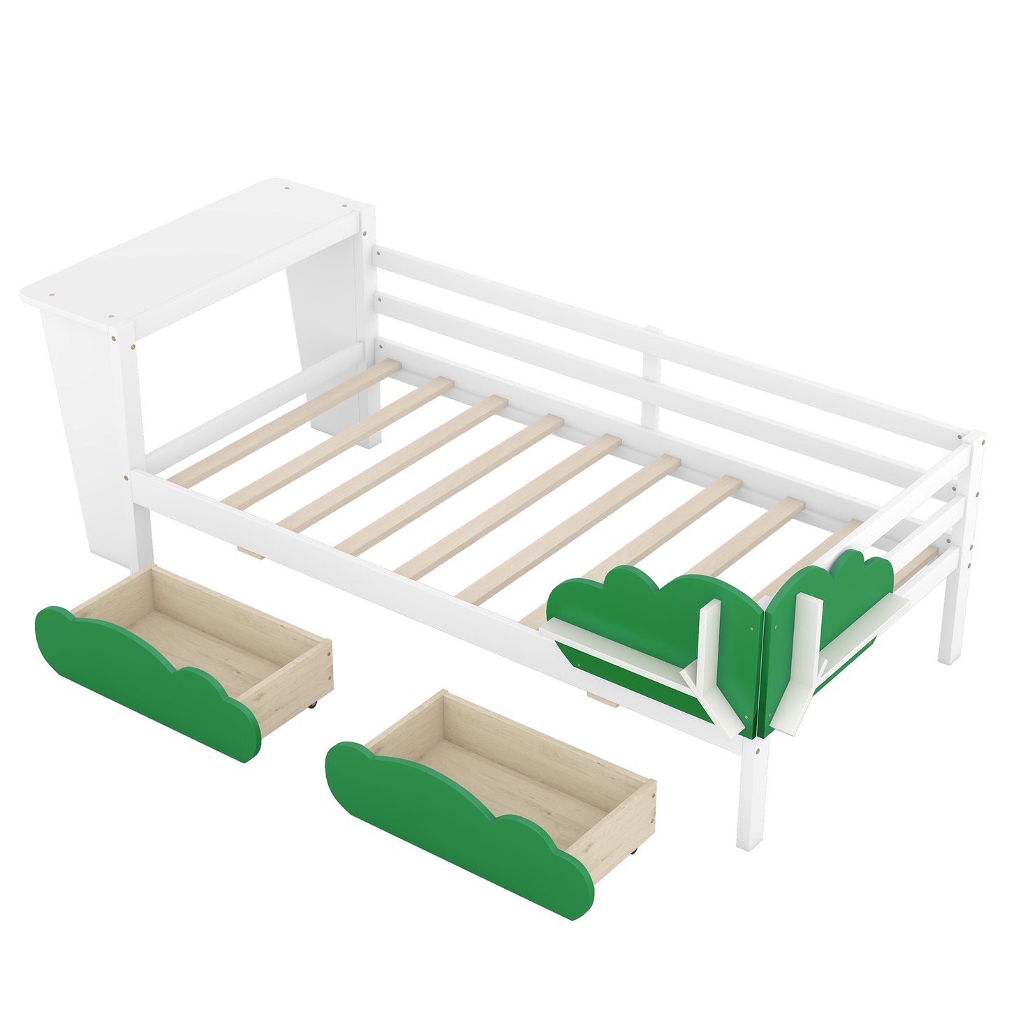 Twin Size Daybed with Desk, Green Leaf Shape Drawers and Shelves, White
