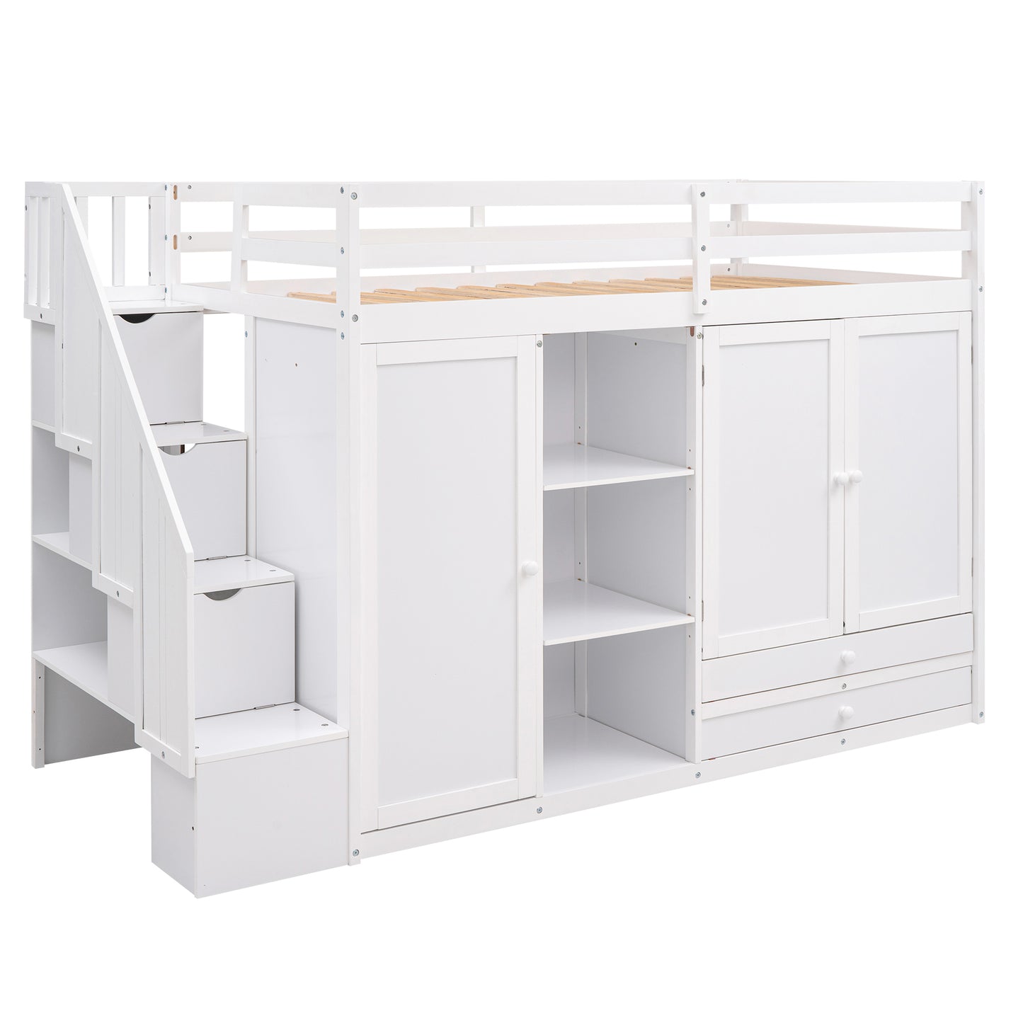 Functional Loft Bed with 3 Shelves, 2 Wardrobes and 2 Drawers,  Ladder with Storage, No Box Spring Needed, White