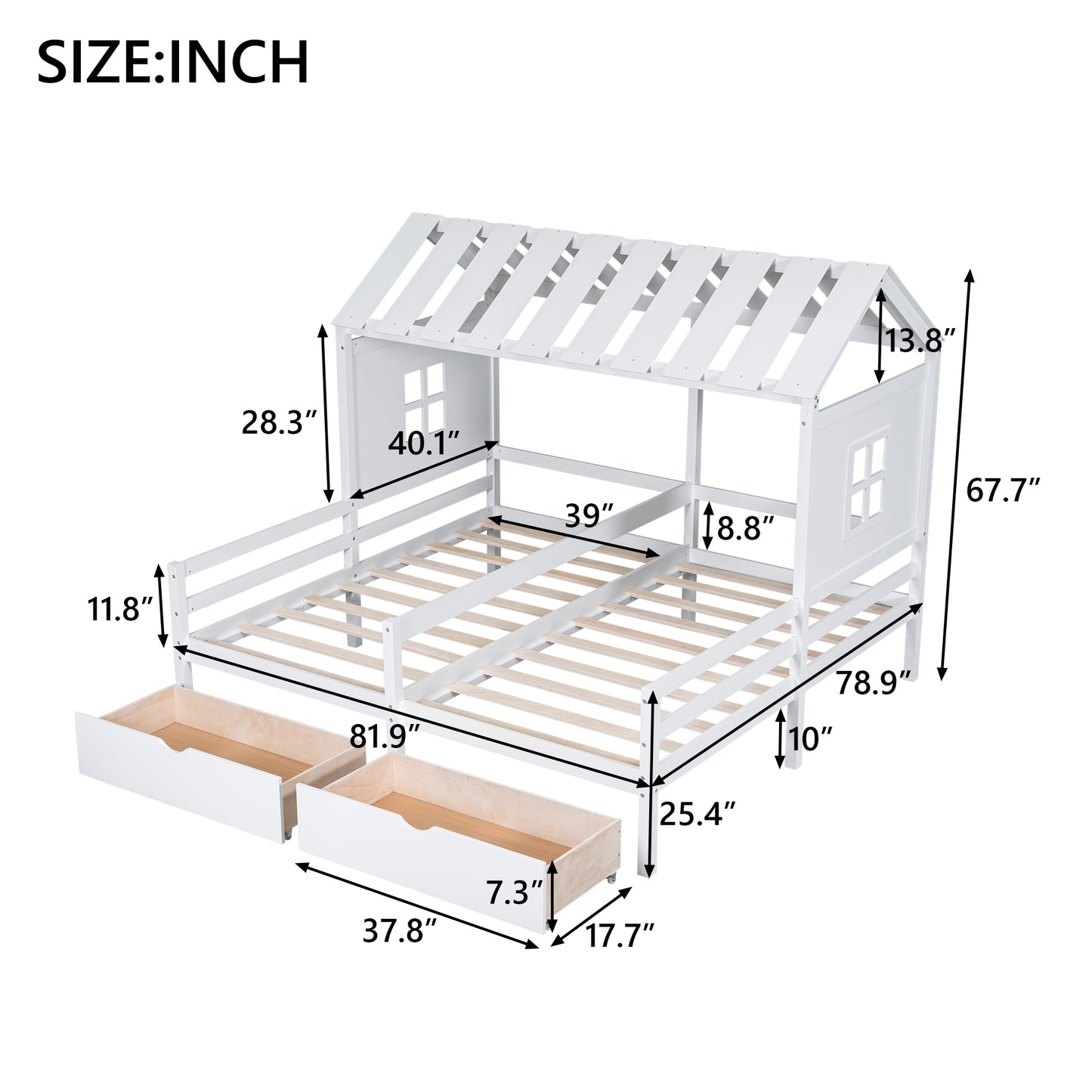 Twin Size House Platform Beds with Two Drawers for Boy and Girl Shared Beds, Combination of 2 Side by Side Twin Size Beds, White