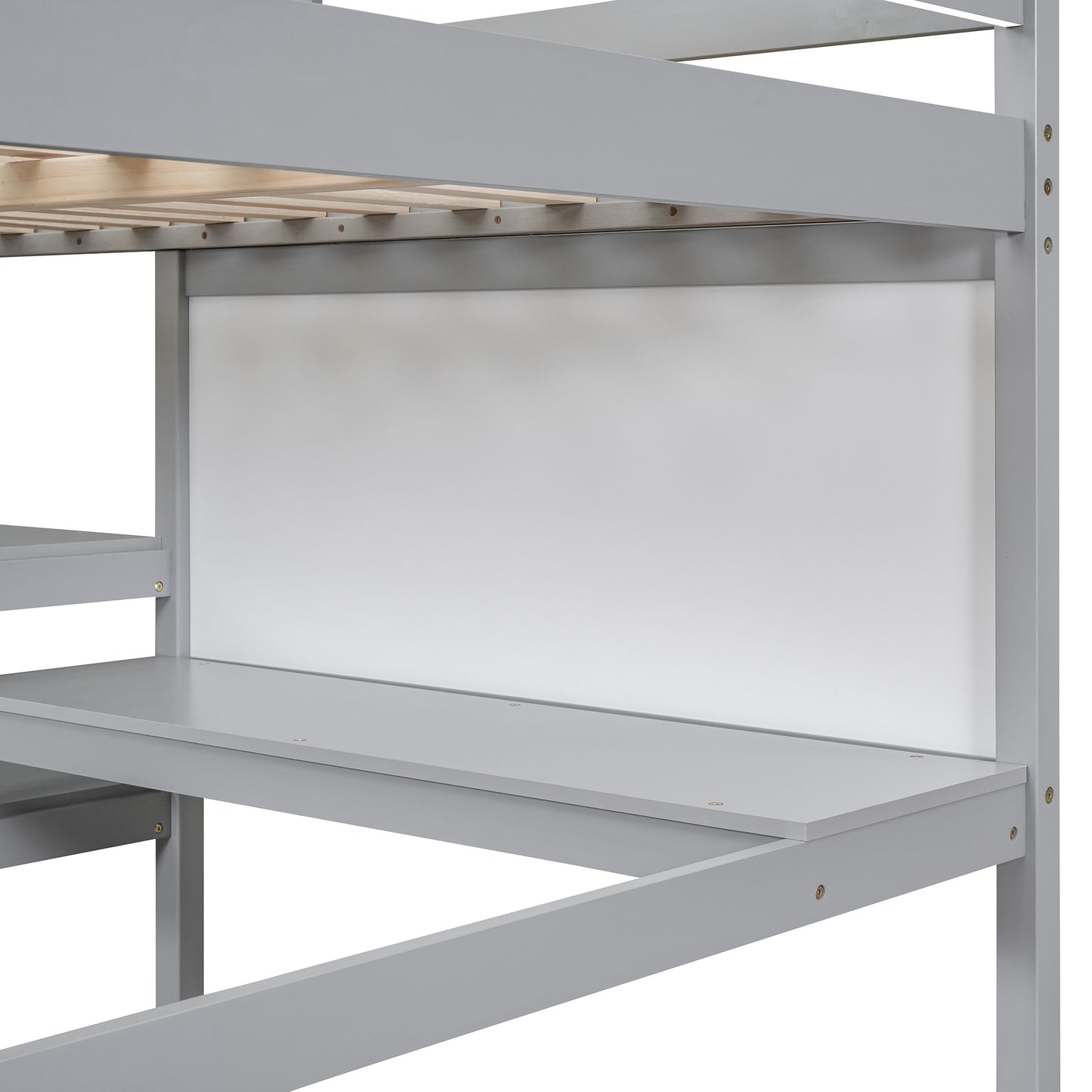 Full Size Wooden Loft Bed with Shelves, Desk and Writing Board - Gray