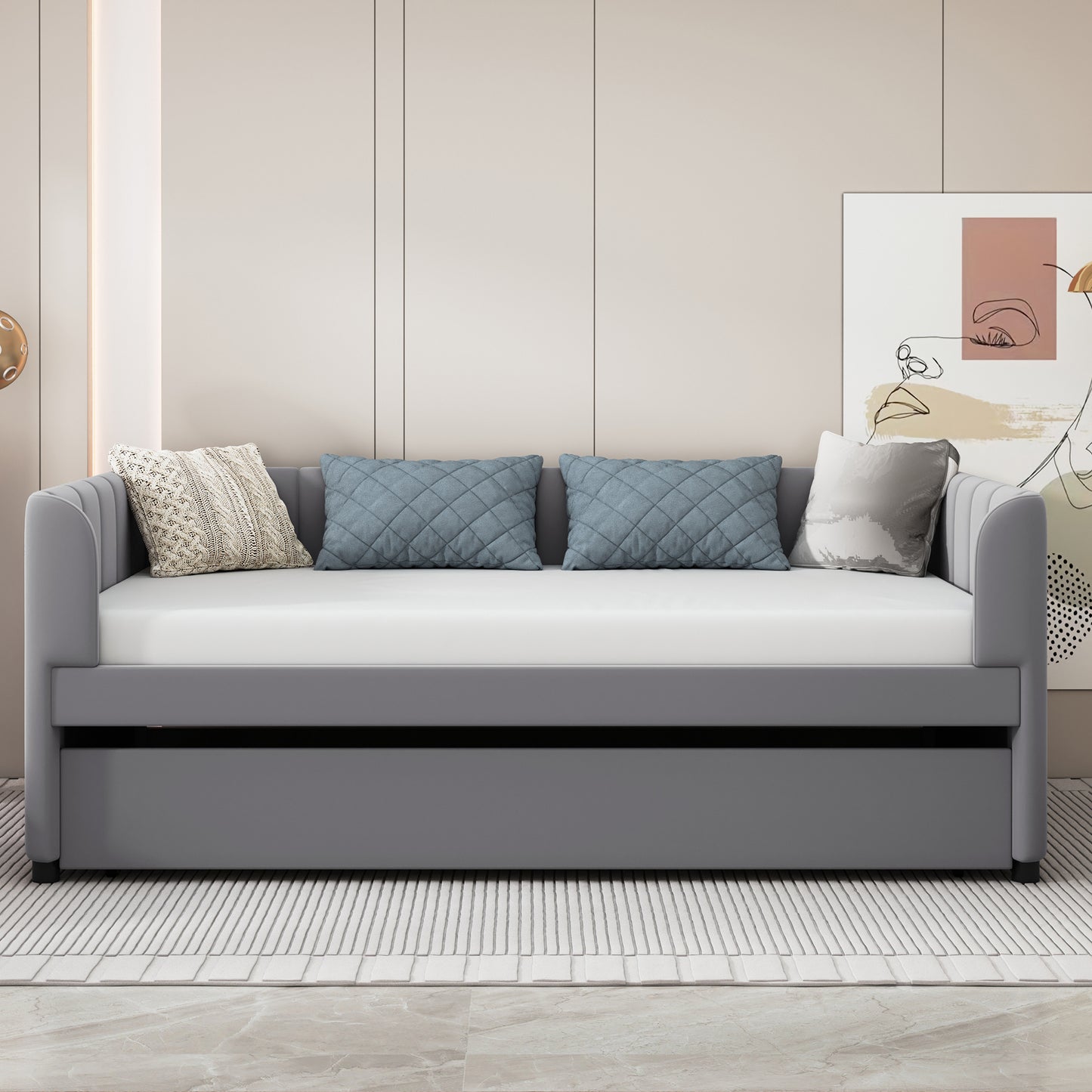 Twin Size Upholstered Daybed with Ergonomic Design Backrest and Trundle, Gray