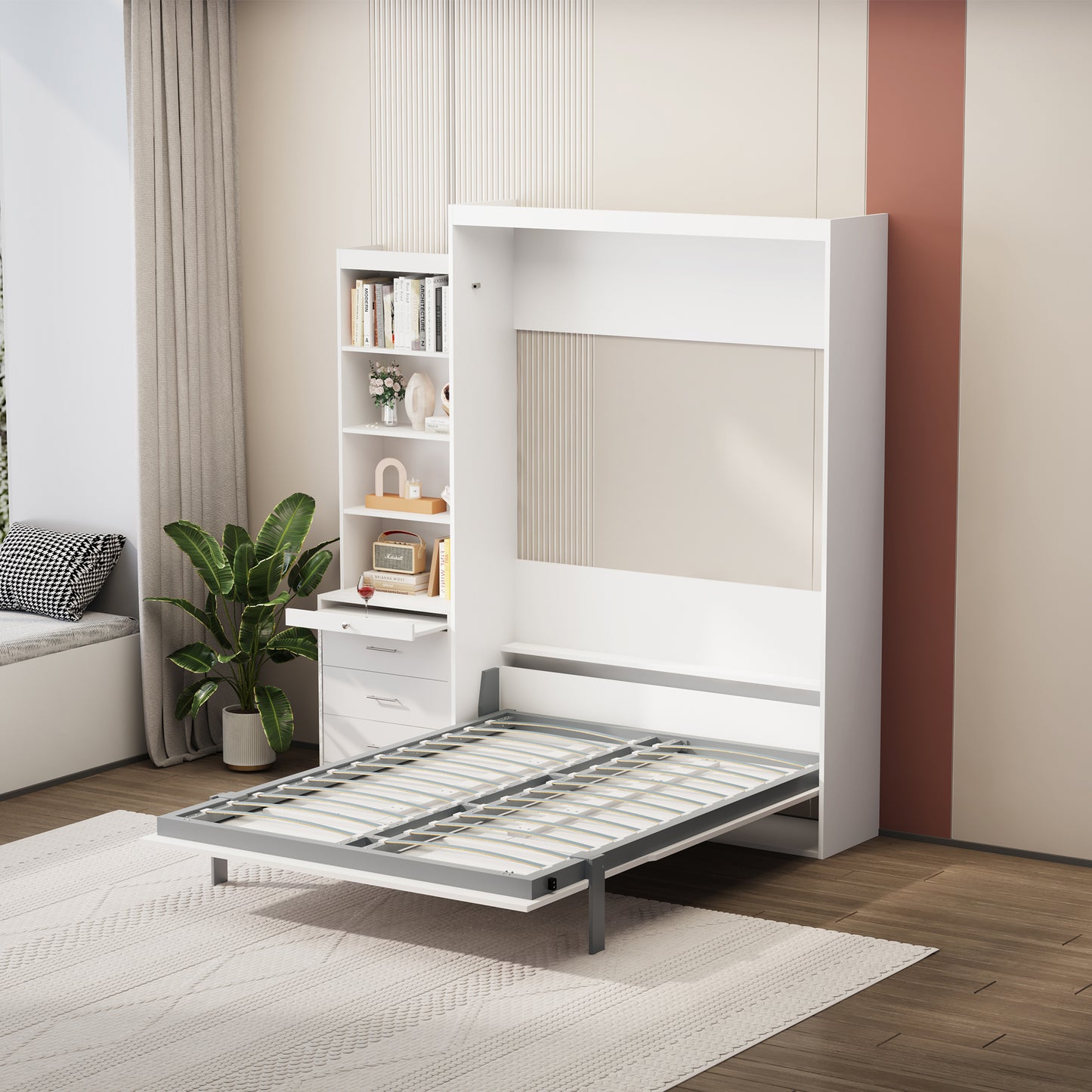 Morden Deisgn Full Size Vertical Murphy Bed with Shelf and Drawers for Bedroom or Guestroom White Wall Bed Space Saving Hidden Bed with New Style Gas Struts