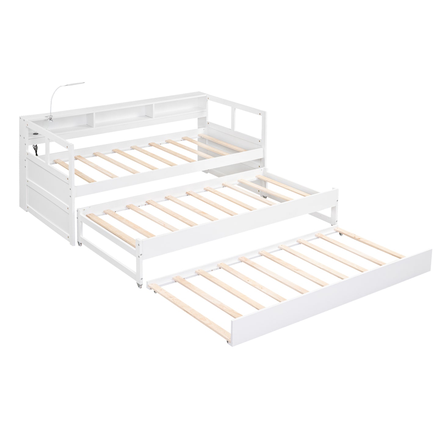Twin XL Wood Daybed with 2 Trundles, 3 Storage Cubbies, 1 Light for Free and USB Charging Design, White