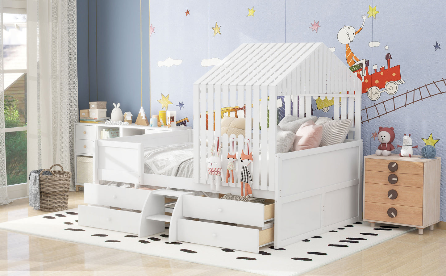 Full Size House Low Loft Bed with Four Drawers,White