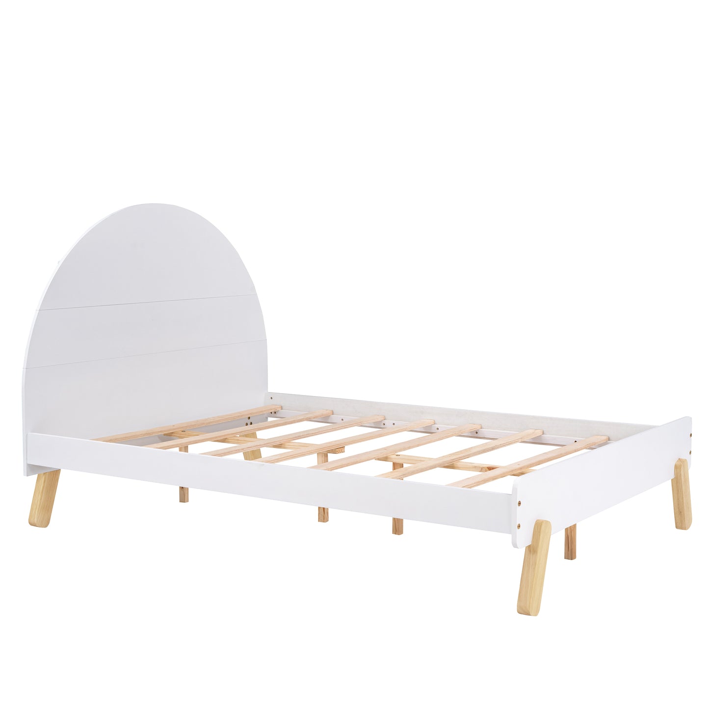 Wooden Cute Platform Bed With Curved Headboard ,Full Size Bed With Shelf Behind Headboard,White