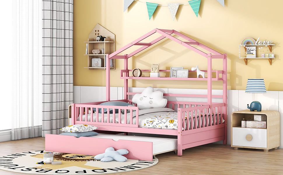 Wooden Full Size House Platform Bed with Twin Size Trundle,Kids Bed with Shelf, Pink