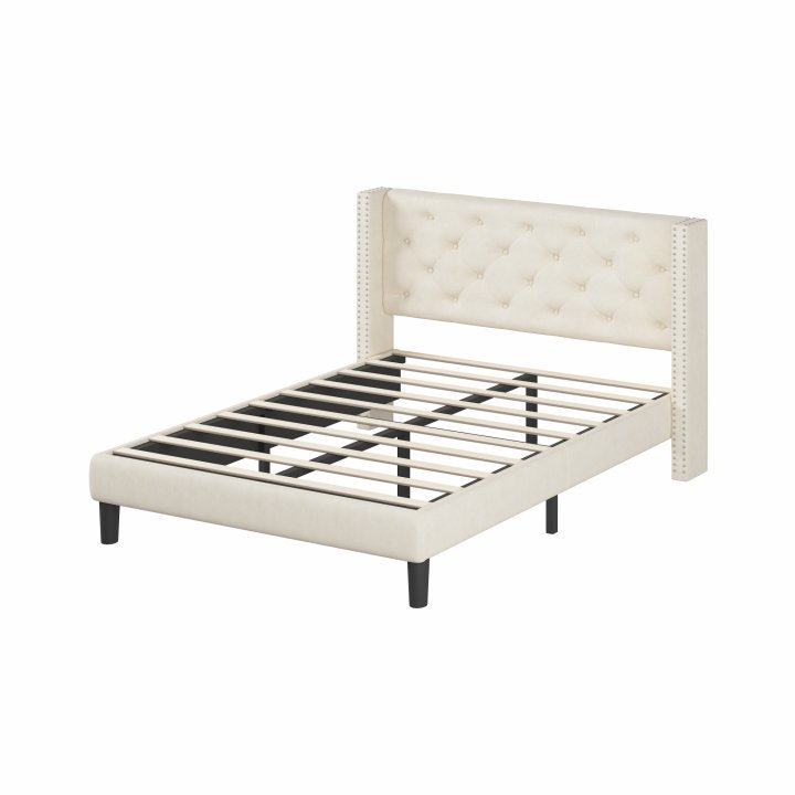 Full Size Frame Platform Bed with Upholstered Headboard and Slat Support, Heavy Duty Mattress Foundation, No Box Spring Required, Easy to Assemble,Beige