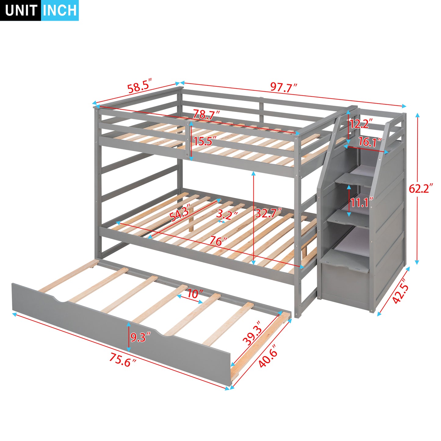 Full-over-Full Bunk Bed with Twin Size Trundle and 3 Storage Stairs,Gray