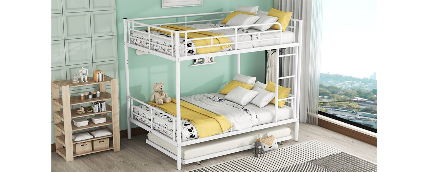 Full Over Full Metal Bunk Bed with Trundle, White