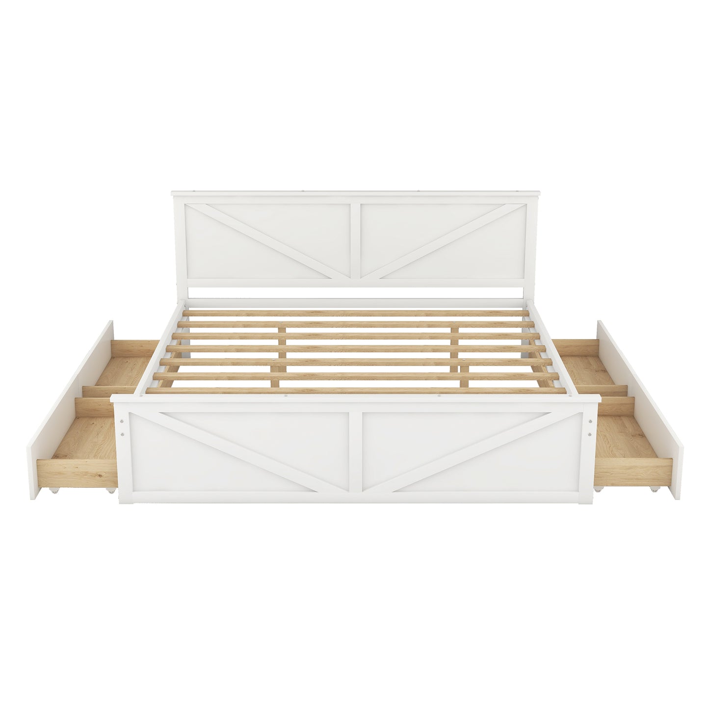 King Size Wooden Platform Bed with Four Storage Drawers and Support Legs, White