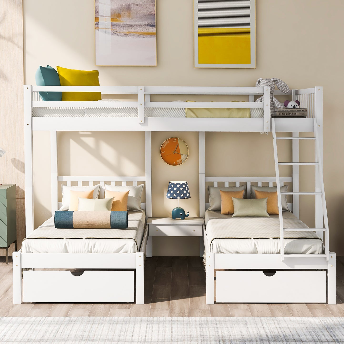 Full Over Twin & Twin Bunk Bed, Wood Triple Bunk Bed with Drawers and Guardrails, White