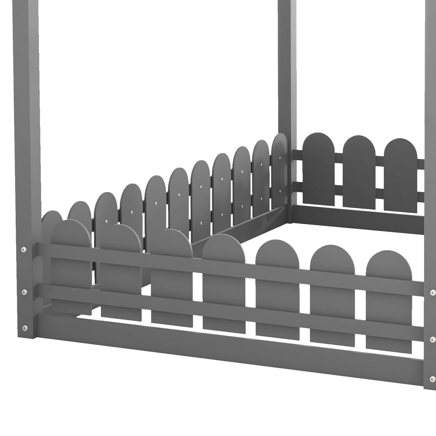 Full Size Wood Bed House Platform Bed Frame with Fence, Gray - Slats are not included
