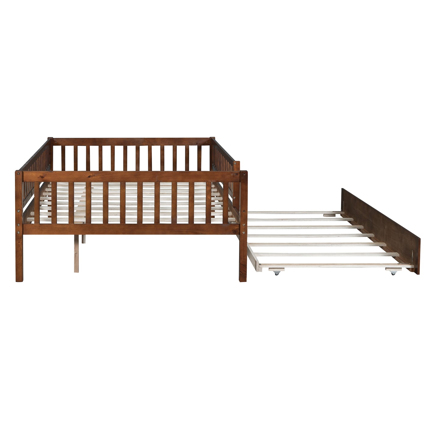 Full Size Wood Daybed with Trundle and Fence Guardrails, Walnut