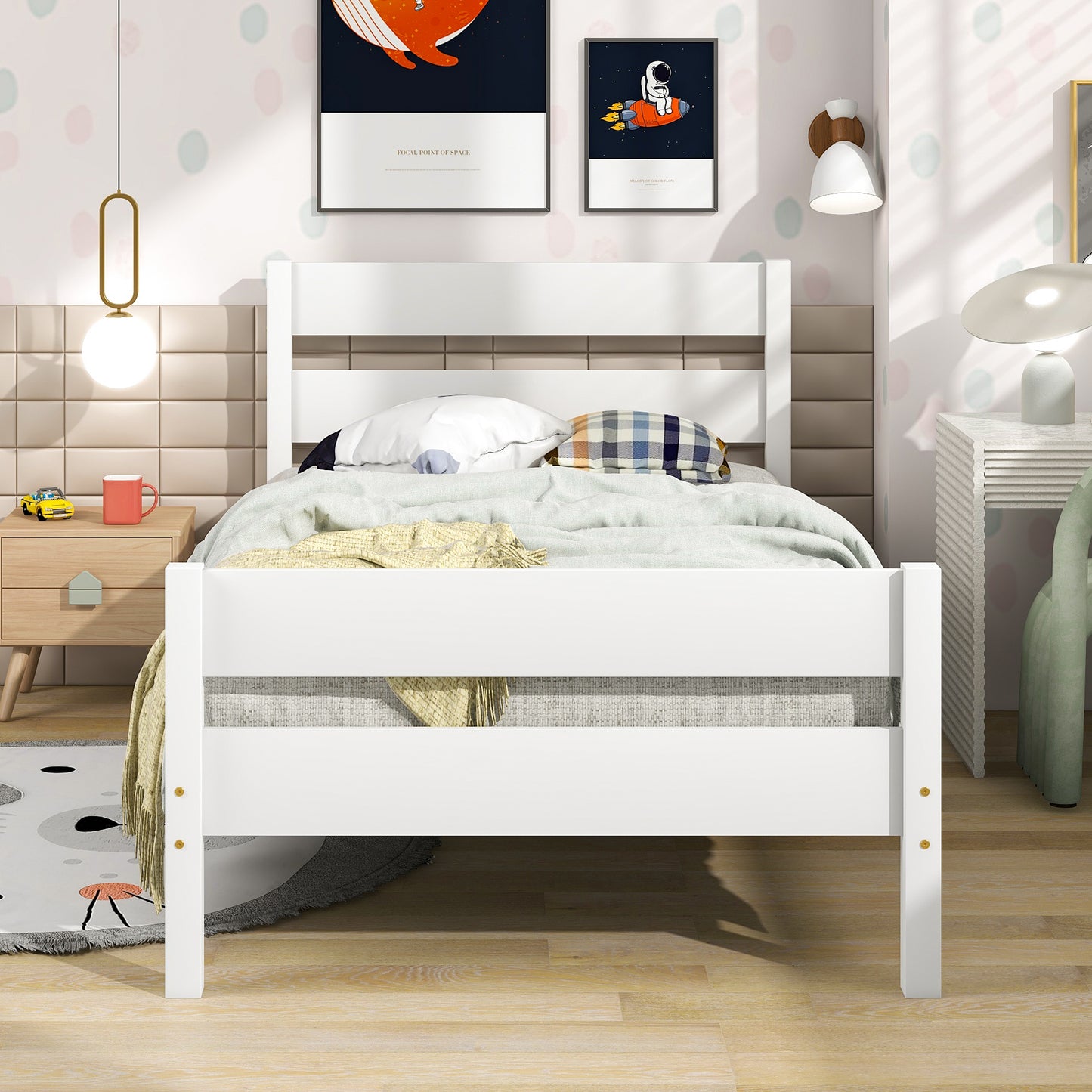 Twin Platform Bed with Headboard and Footboard, White
