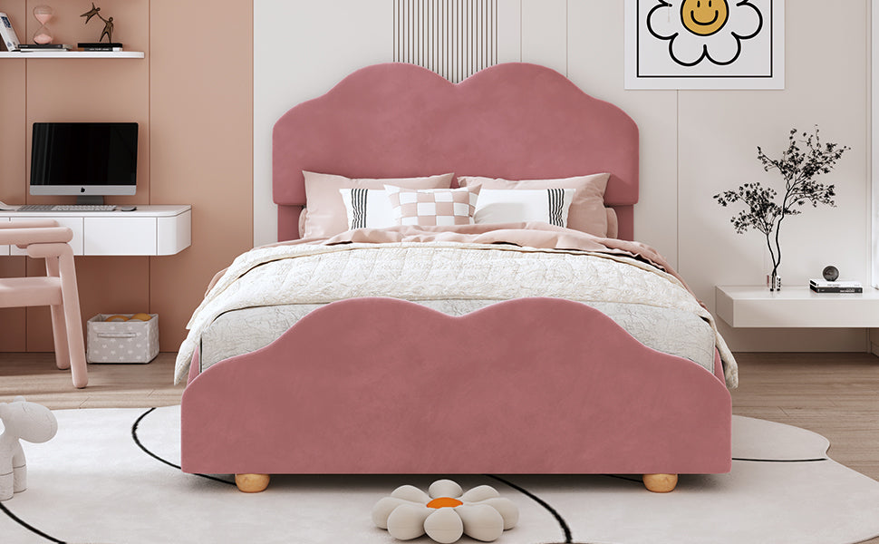 Full Size Upholstered Platform Bed with Cloud Shaped bed board, Dark Pink