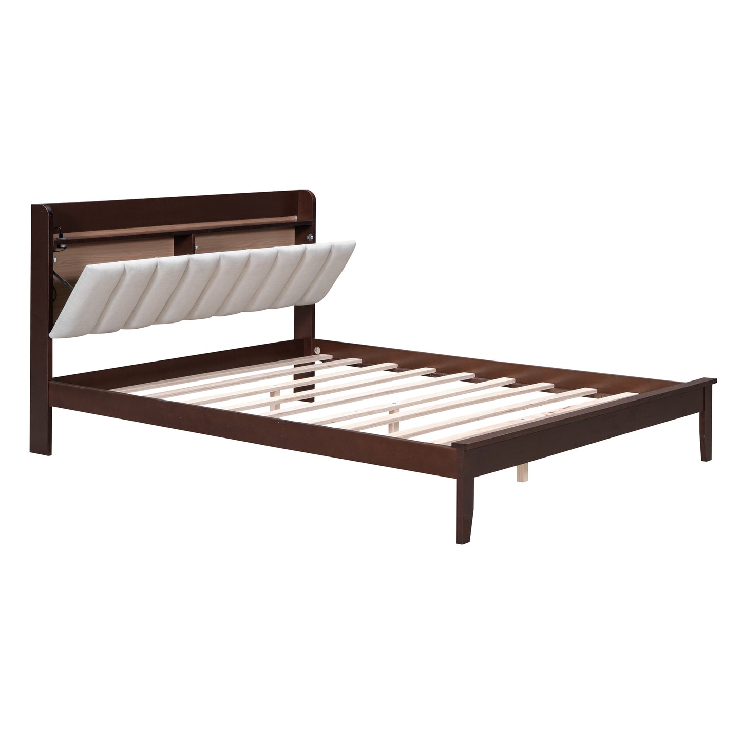 Queen size Platform Bed with USB Charging Station and Storage Upholstered Headboard,LED Bed Frame,No Box Spring Needed,Walnut+Beige
