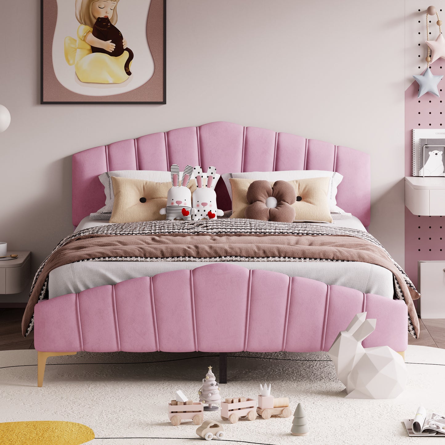 Queen Size Velvet Platform Bed with Thick Fabric, Stylish Stripe Decorated Bedboard and Elegant Metal Bed Leg, Pink
