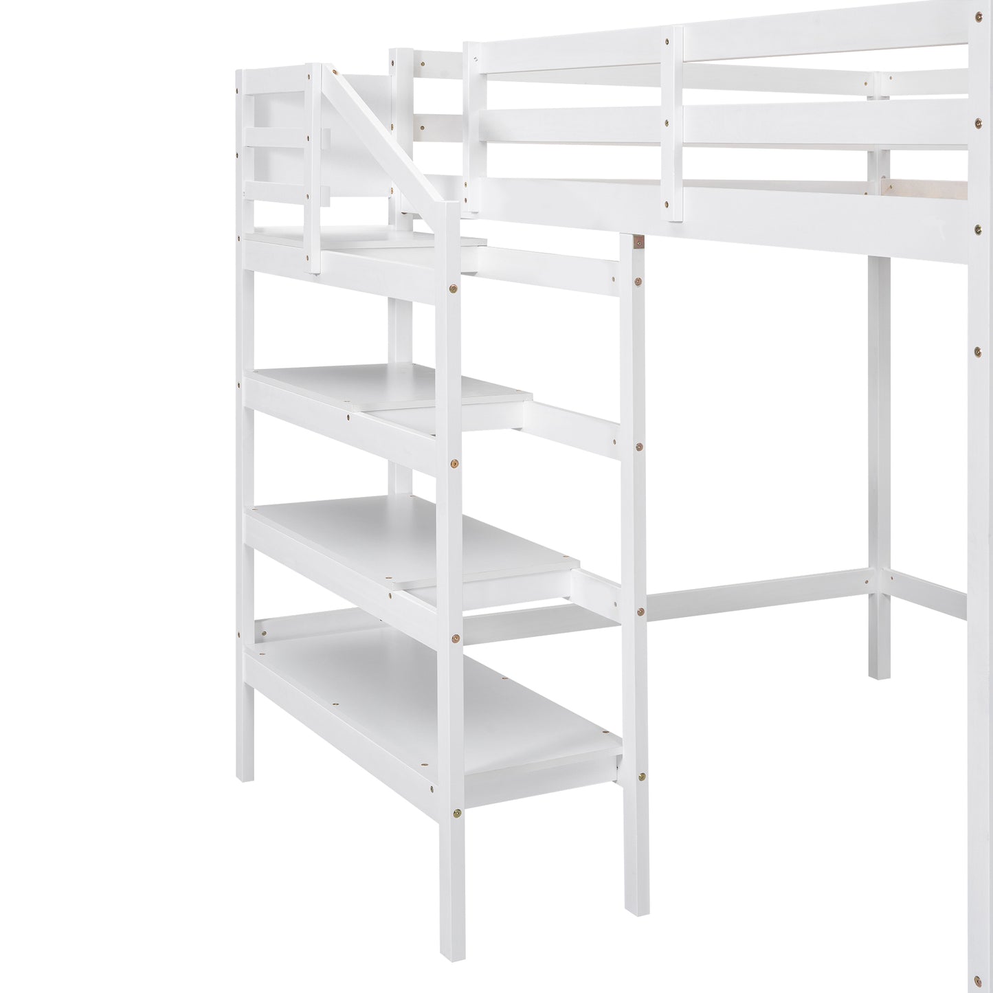 Full Size Loft Bed with Built-in Storage Staircase and Hanger for Clothes, White