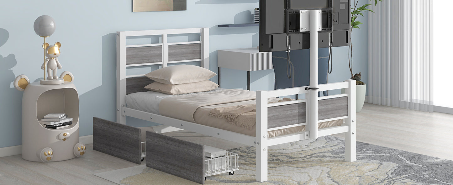 Twin Size Metal Platform Bed with MDF Headboard and Footboard,Two Storage Drawers and Rotatable TV Stand,White