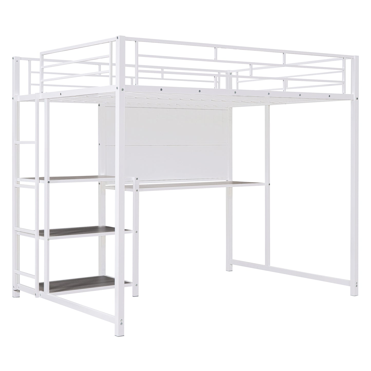 Full Size Loft Bed with Desk and Whiteboard, Metal Loft Bed with 3 Shelves and Ladder, White