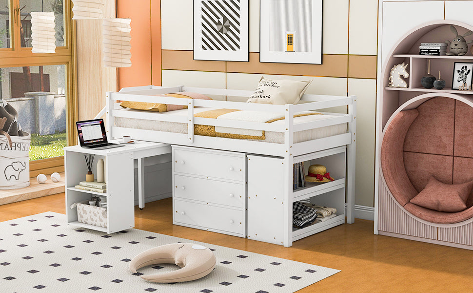 Twin Size Loft Bed with Retractable Writing Desk and 3 Drawers, Wooden Loft Bed with Storage Stairs and Shelves, White