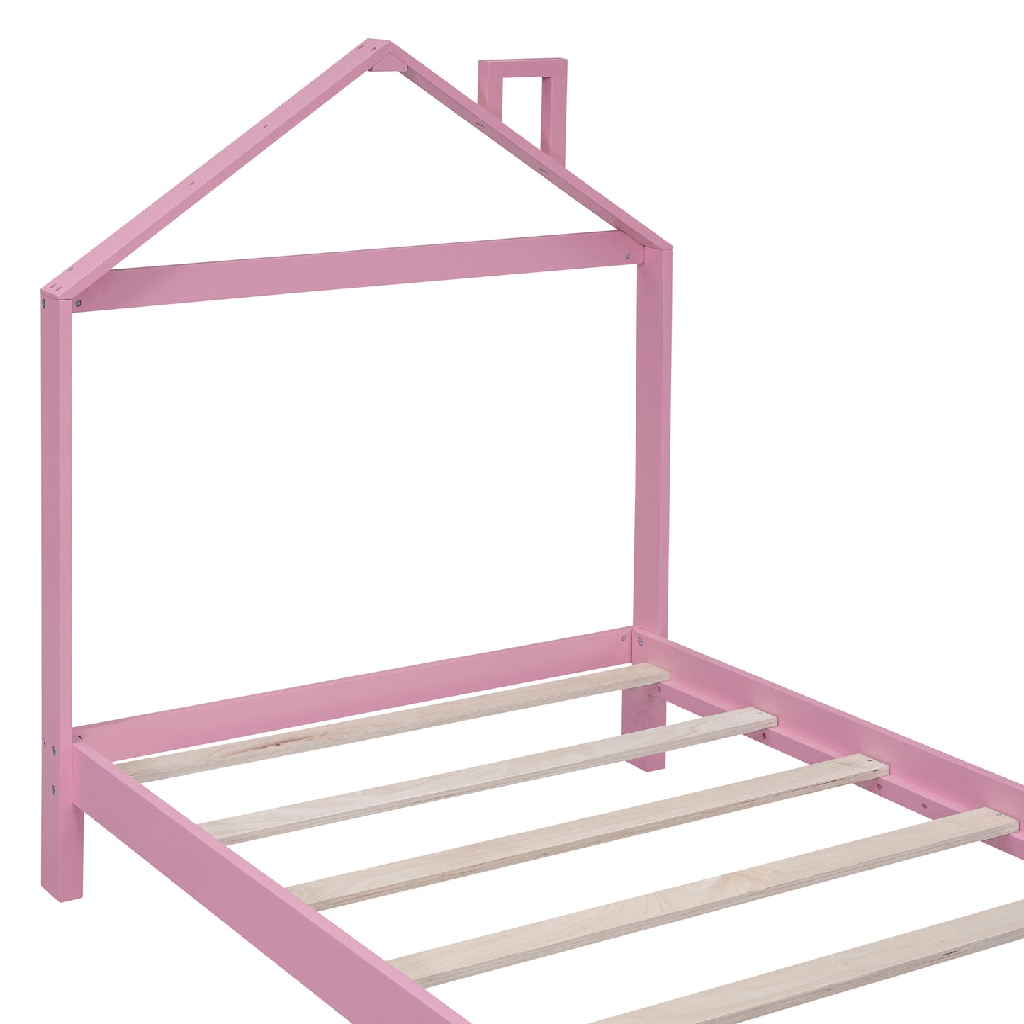 Twin Size Wood Platform Bed with House-shaped Headboard and Footboard Bench,Pink