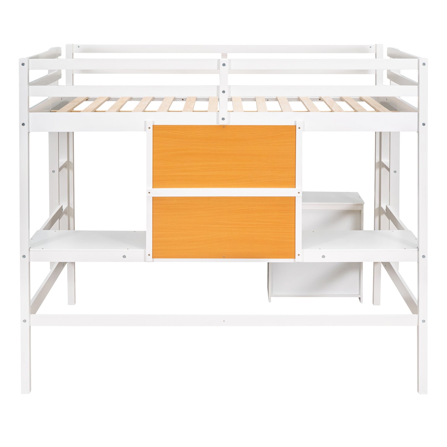 Full size Loft Bed with Desk and Writing Board, Wooden Loft Bed with Desk & 2 Drawers Cabinet- White