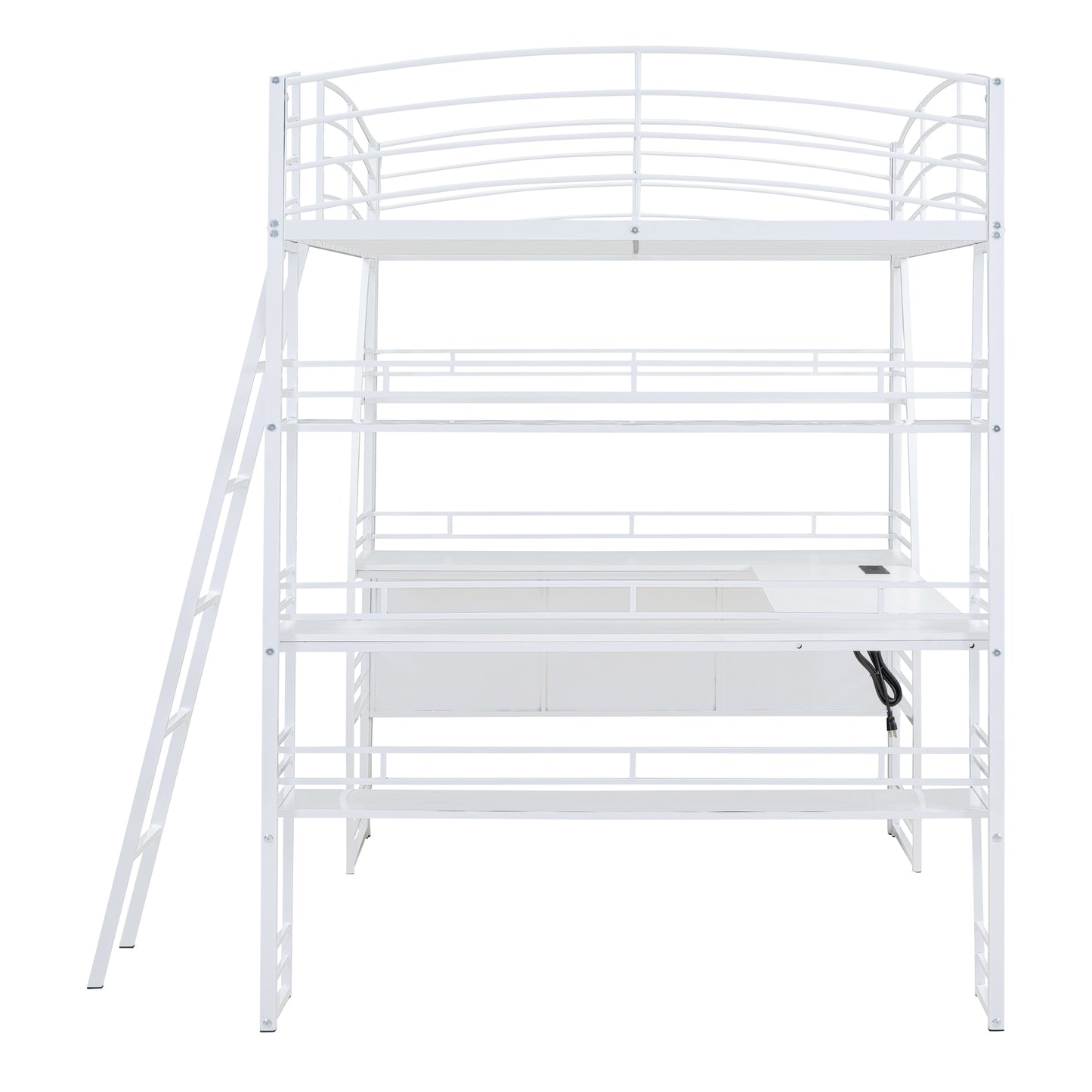 Full Size Loft Bed with 4 Layers of Shelves and L-shaped Desk, Stylish Metal Frame Bed with a set of Sockets, USB Ports and and Wireless Charging, White