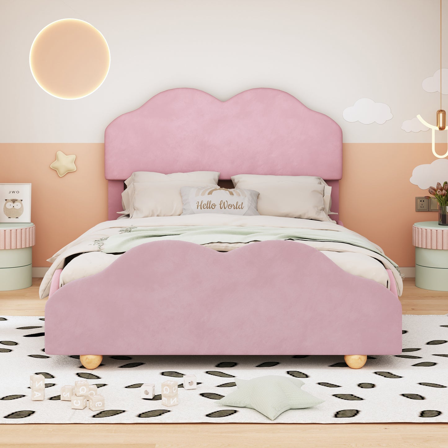 Full Size Upholstered Platform Bed with Cloud Shaped bed board, Light Pink