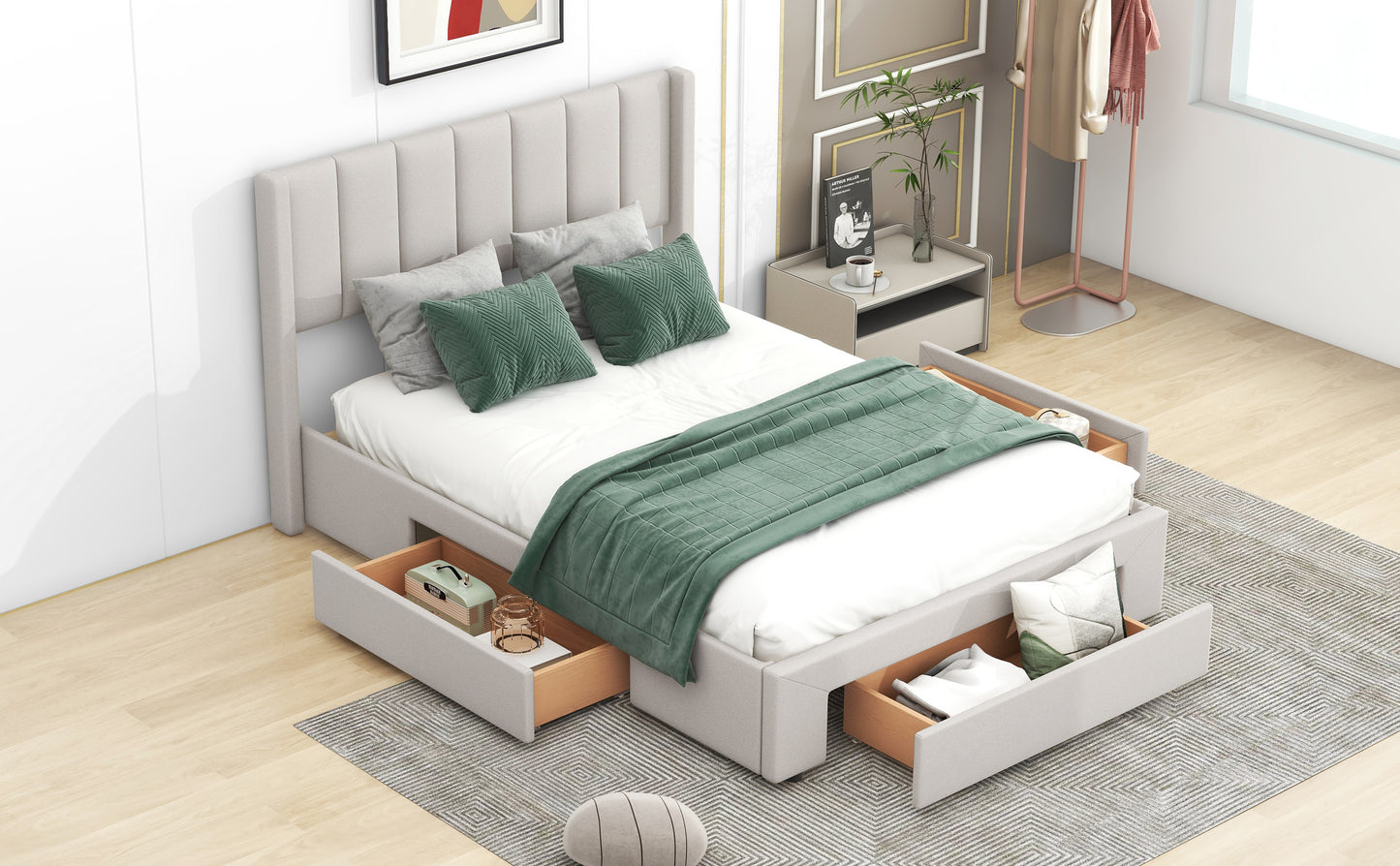 Full Size Upholstered Platform Bed with One Large Drawer in the Footboard and Drawer on Each Side,Beige