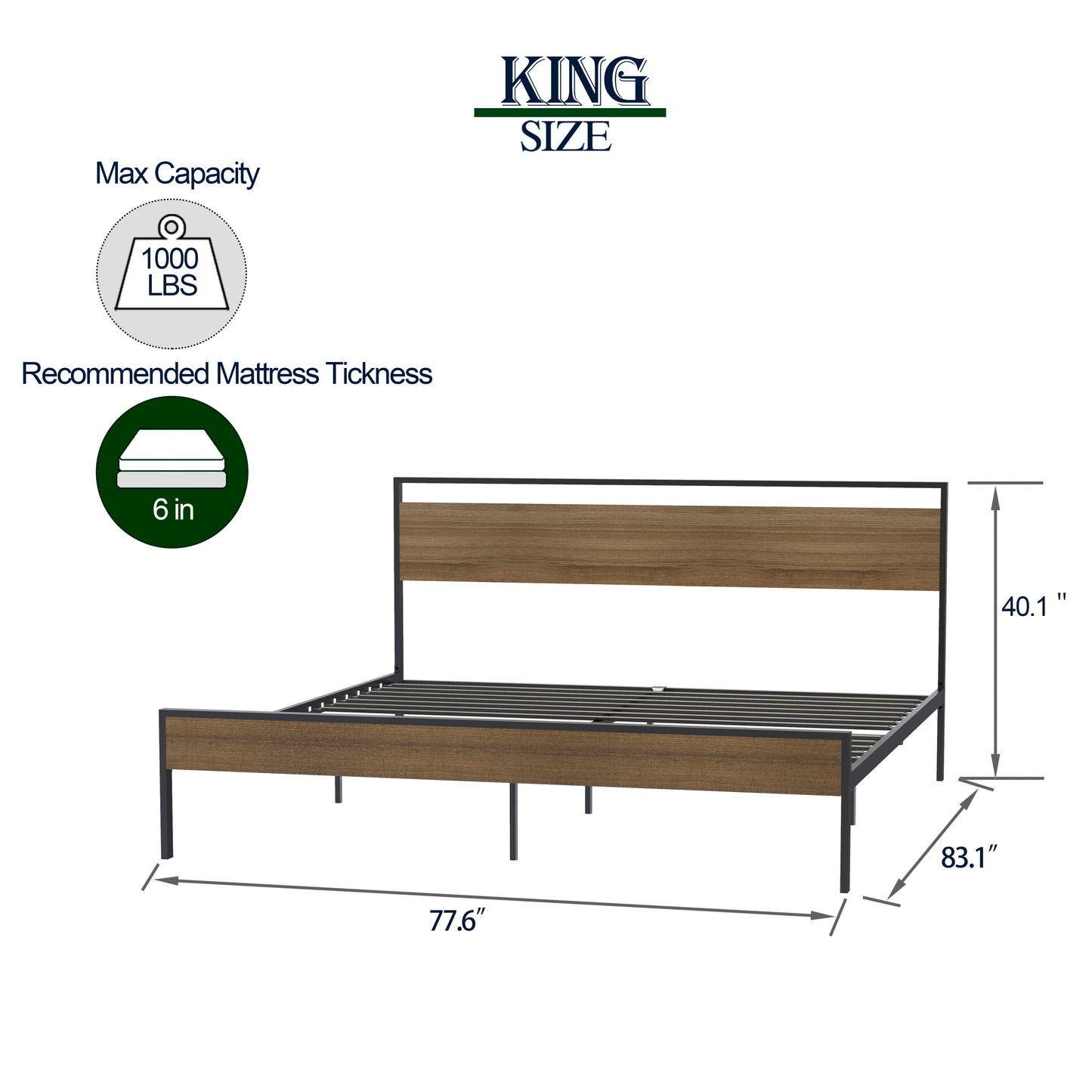 King Size Metal Platform Bed, Black with Cinnamon Wood Headboard & Footboard