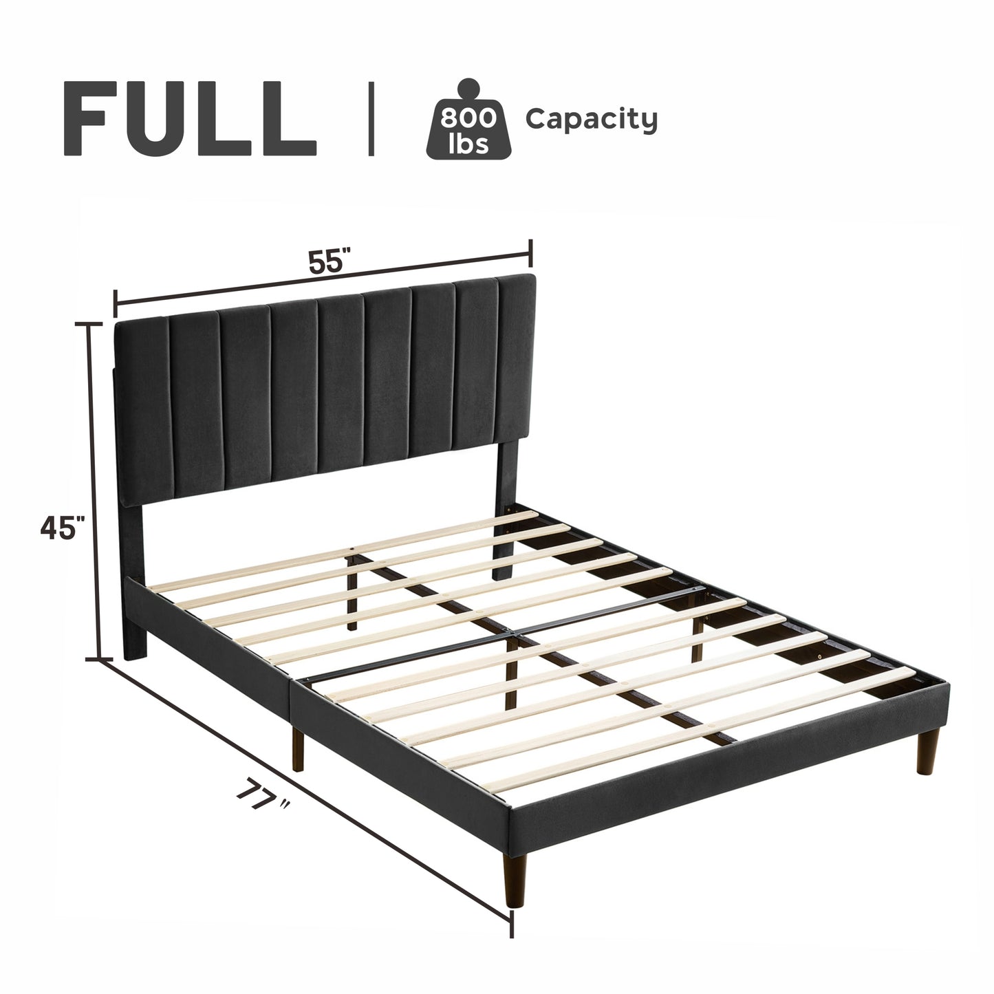 Full Size Frame Platform Bed with Upholstered Headboard and Slat Support, Heavy Duty Mattress Foundation, No Box Spring Required, Easy to Assemble, Black