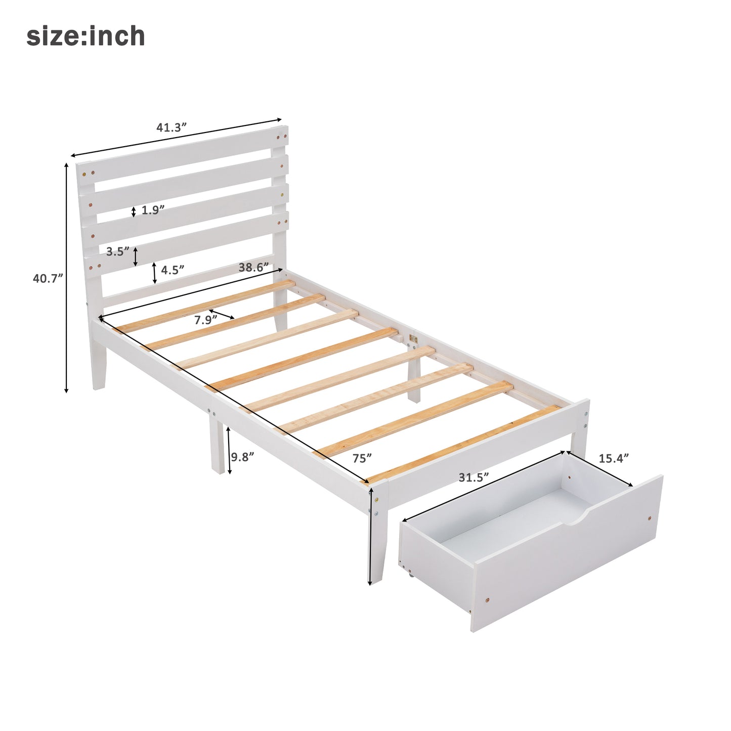 Twin Size Platform Bed with Drawer, White