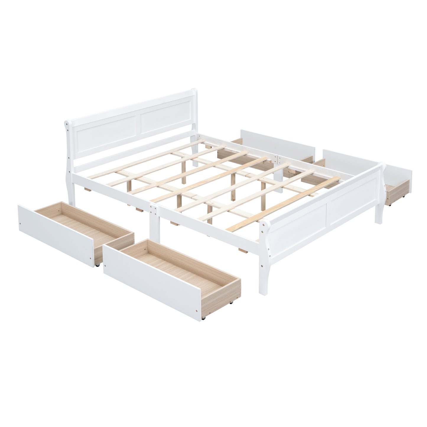 Queen Size Wood Platform Bed with 4 Drawers and Streamlined Headboard & Footboard, White