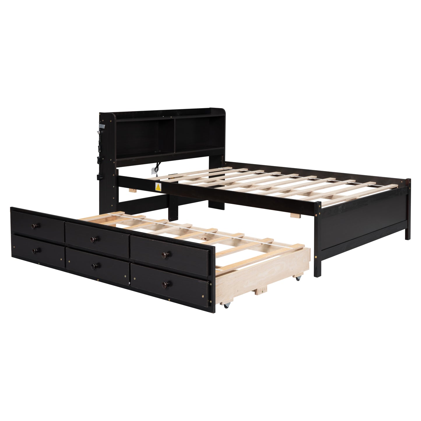 Full Size Platform Bed with USB & Type-C Ports, LED light, Bookcase Headboard, Trundle and 3 Storage Drawers, Espresso