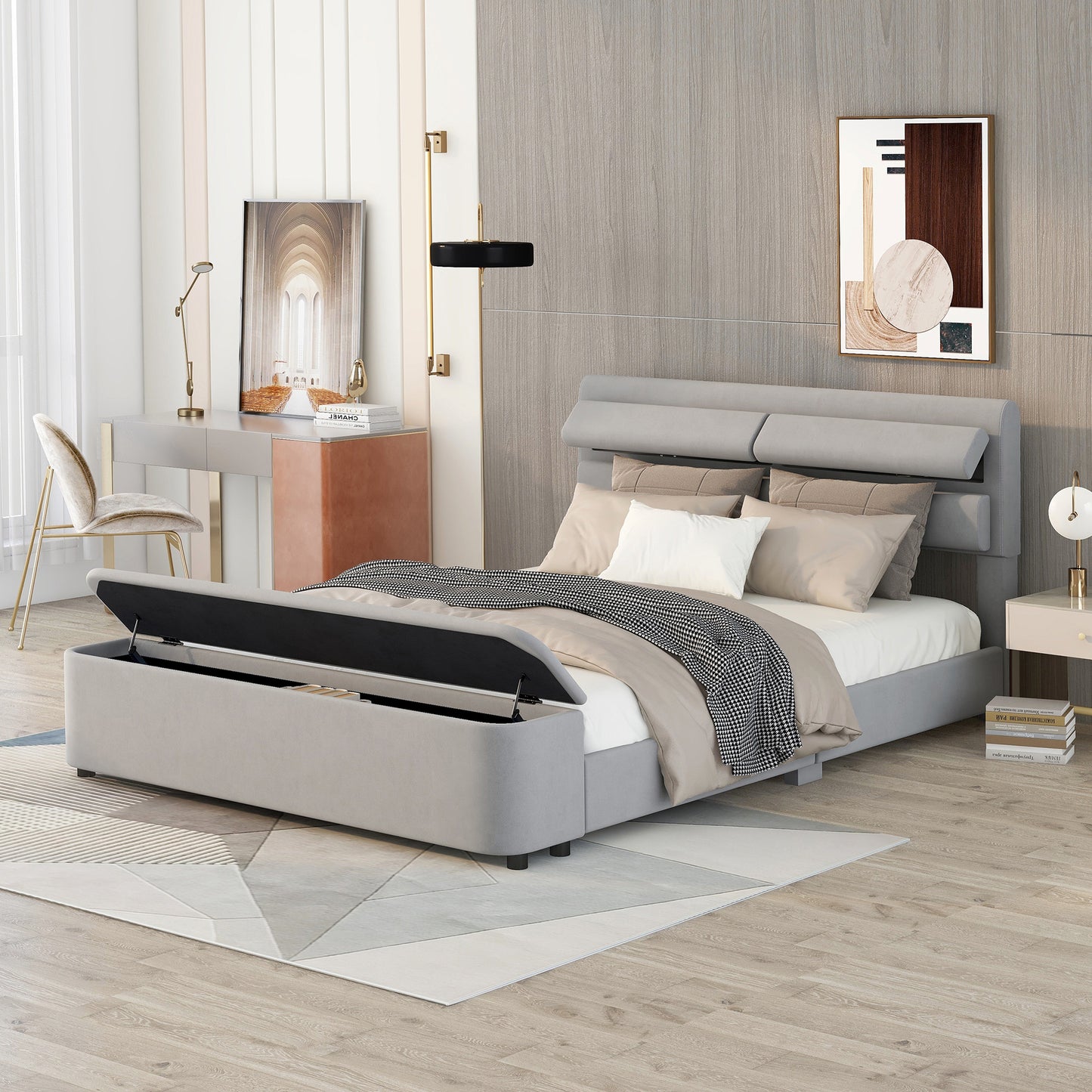 Queen Size Upholstery Platform Bed with Storage Headboard and Footboard,Support Legs,Grey