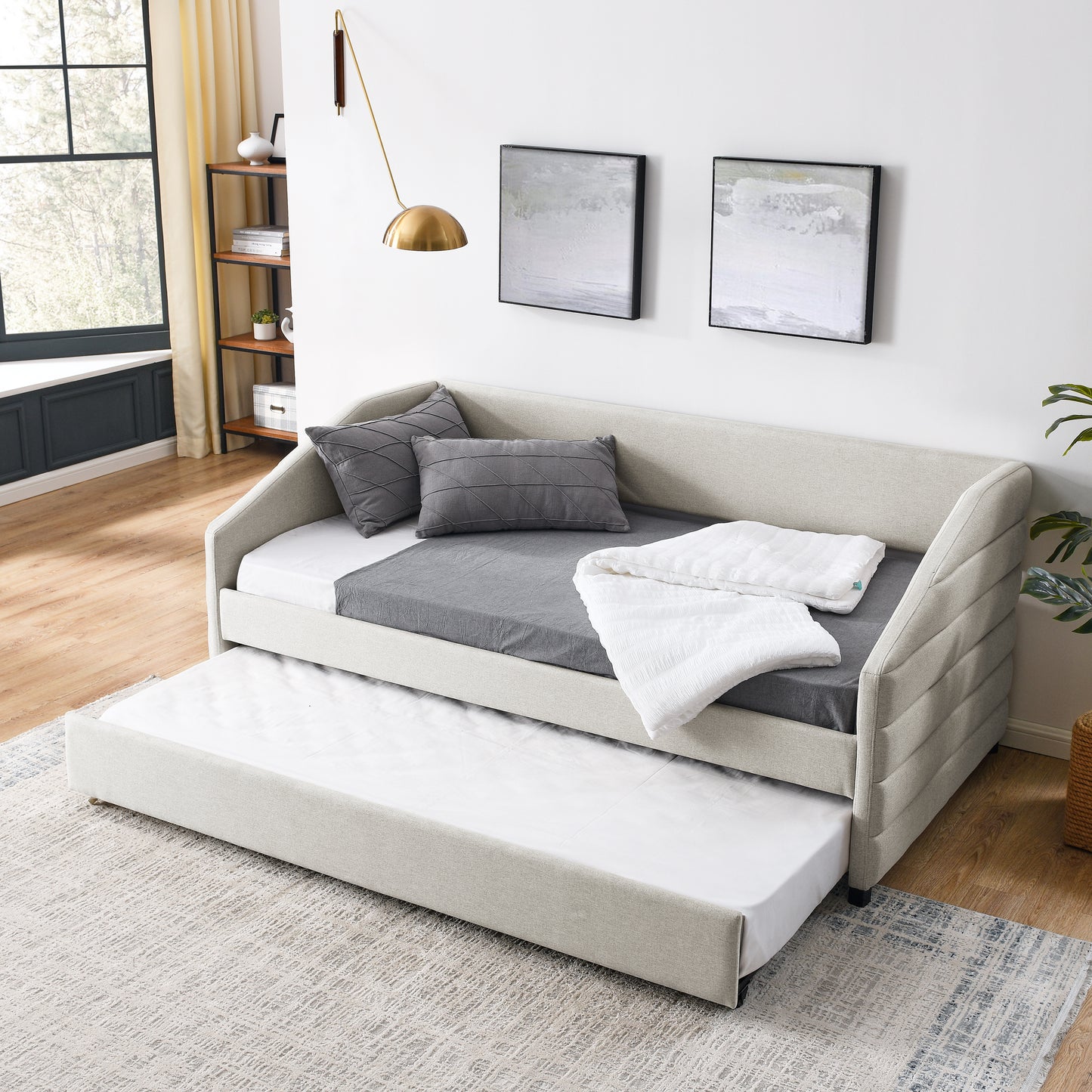 Twin Size Daybed with Trundle Upholstered Tufted Sofa Bed, Linen Fabric, Beige  (82.5"x42.5"x34")