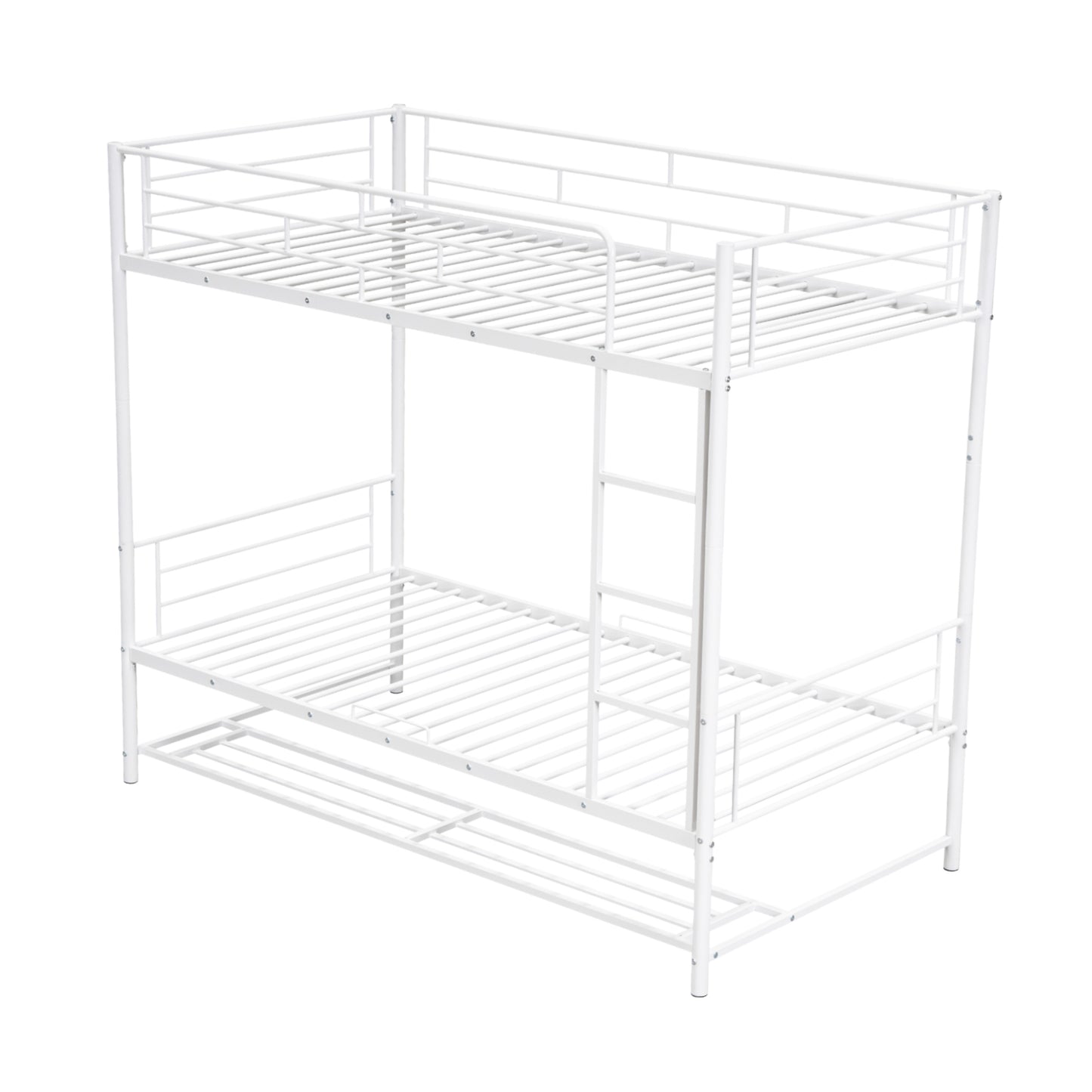 Twin Over Twin Metal Bunk Bed with Shelf and Guardrails, White