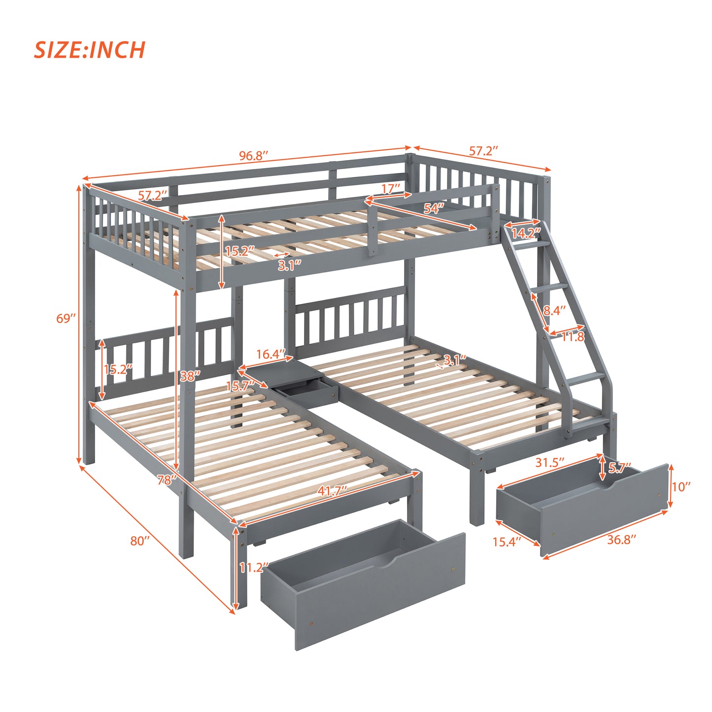 Full Over Twin & Twin Bunk Bed, Wood Triple Bunk Bed with Drawers and Guardrails, Gray