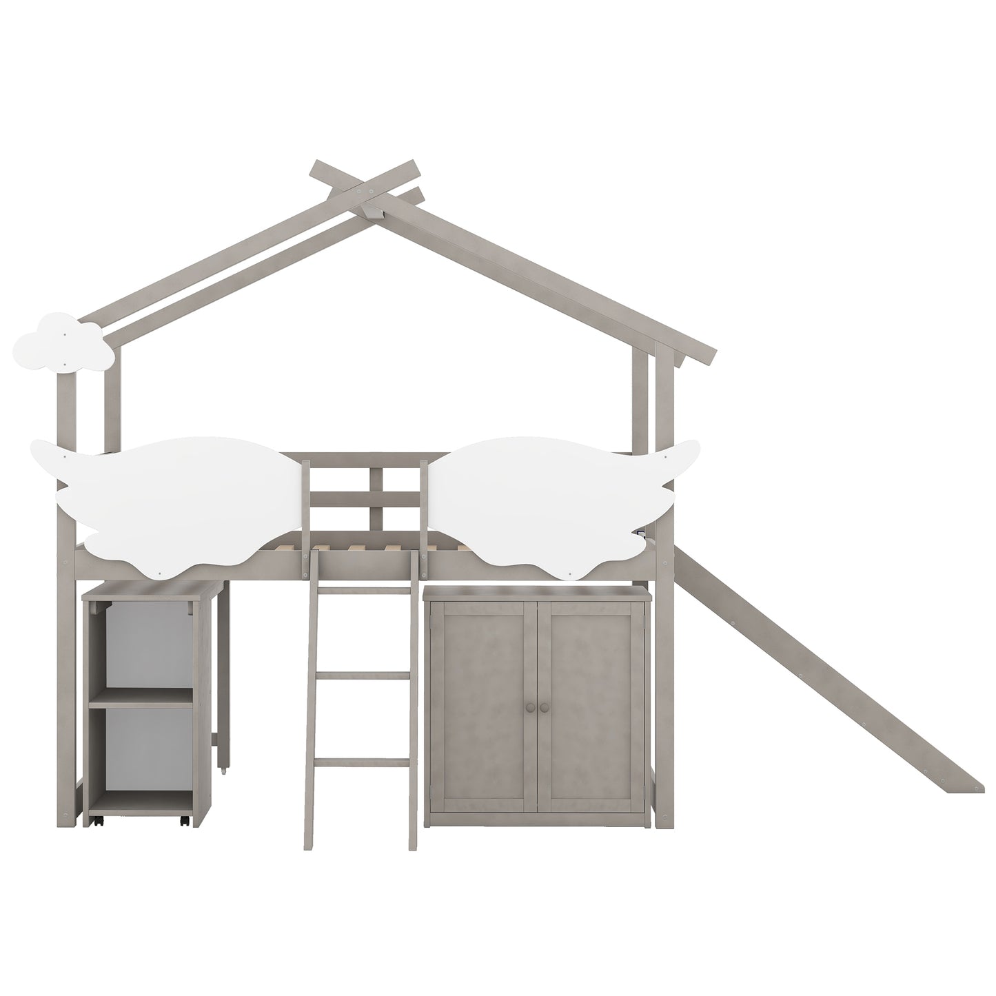 Twin Size House Loft Bed with Wardrobe, Slide and Ladder, Wing-Shaped Fence, Pullable Desk with Storage, Worn Gray+White
