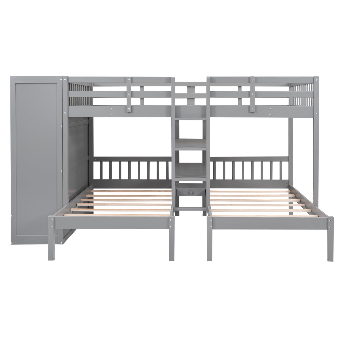 Full-Over-Twin-Twin Bunk Bed with Shelves, Wardrobe and Mirror, Gray