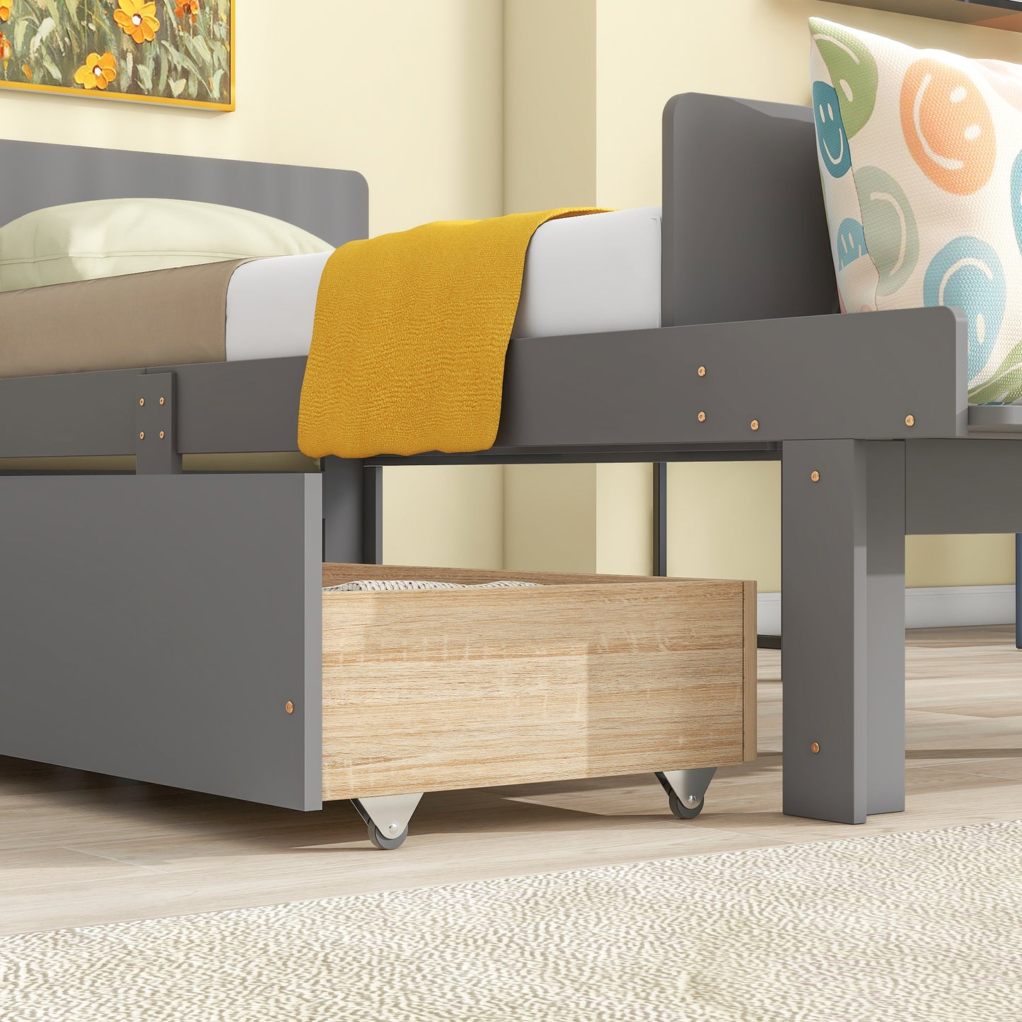 Twin Platform Bed with Footboard Bench, 2 drawers,Grey