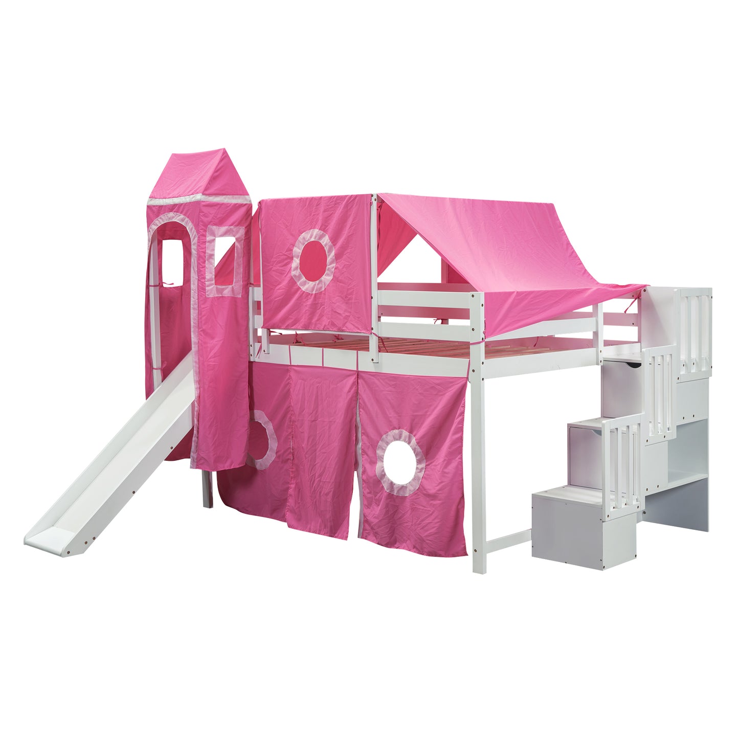 Full Size Loft Bed with Tent and Tower - Pink