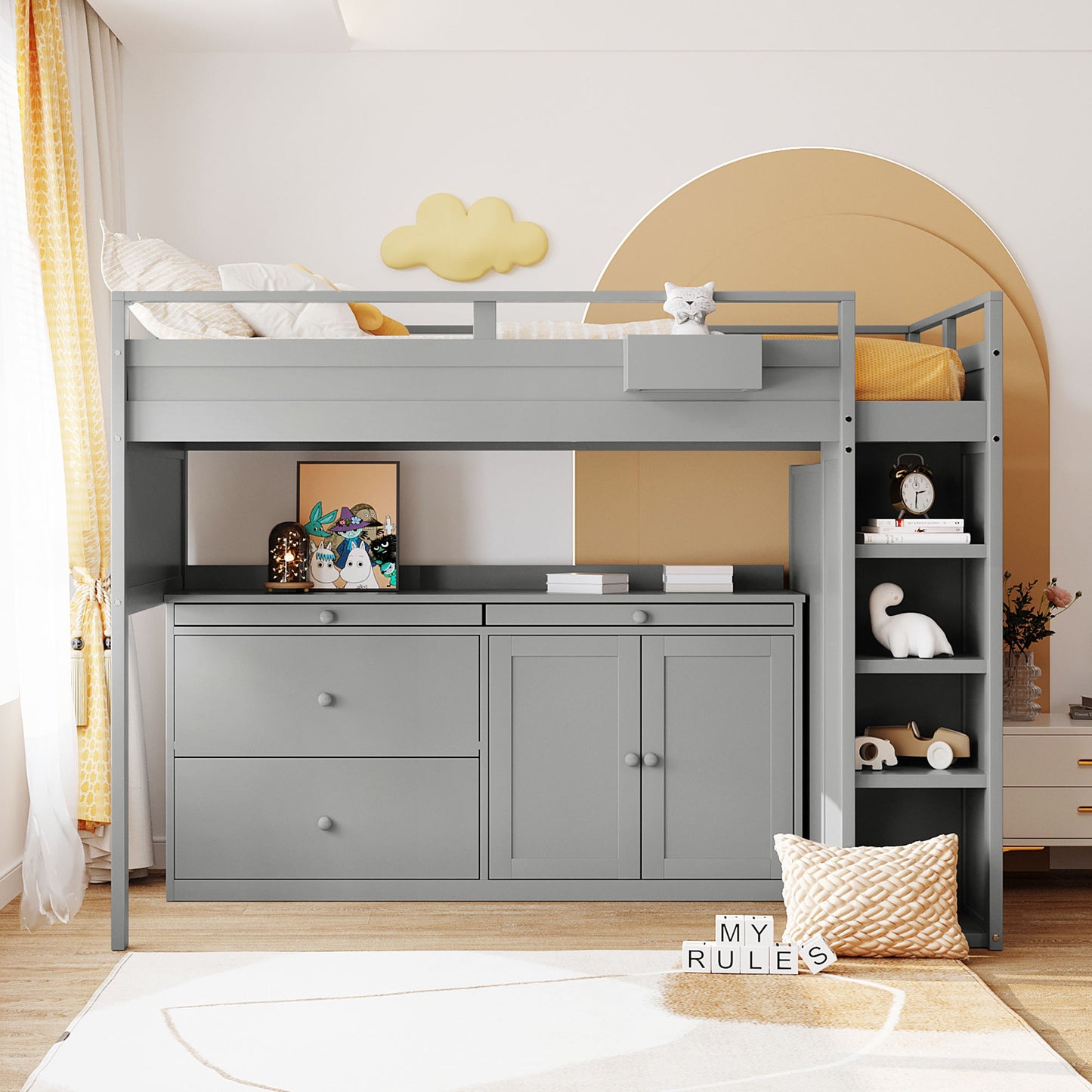 Twin Loft Bed with Rolling Cabinet and Desk - Gray