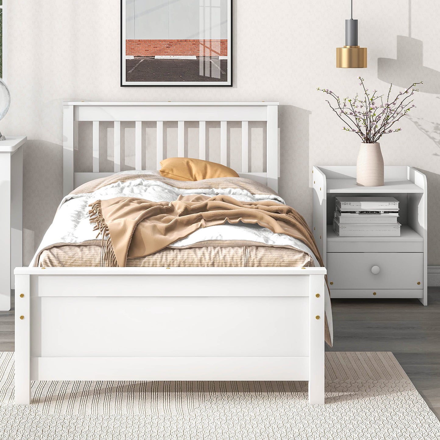 Twin Platform Bed with Headboard and Footboard with a Nightstand - Wite