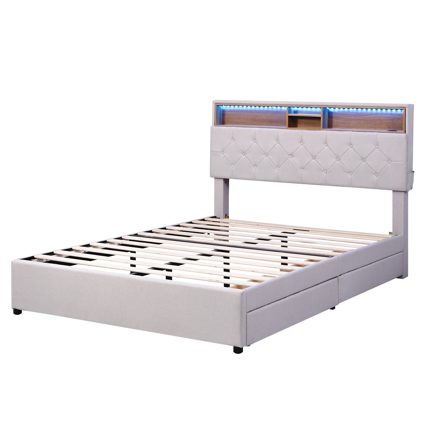 Full Size Upholstered Platform Bed with Storage Headboard, LED, USB Charging and 2 Drawers, Beige