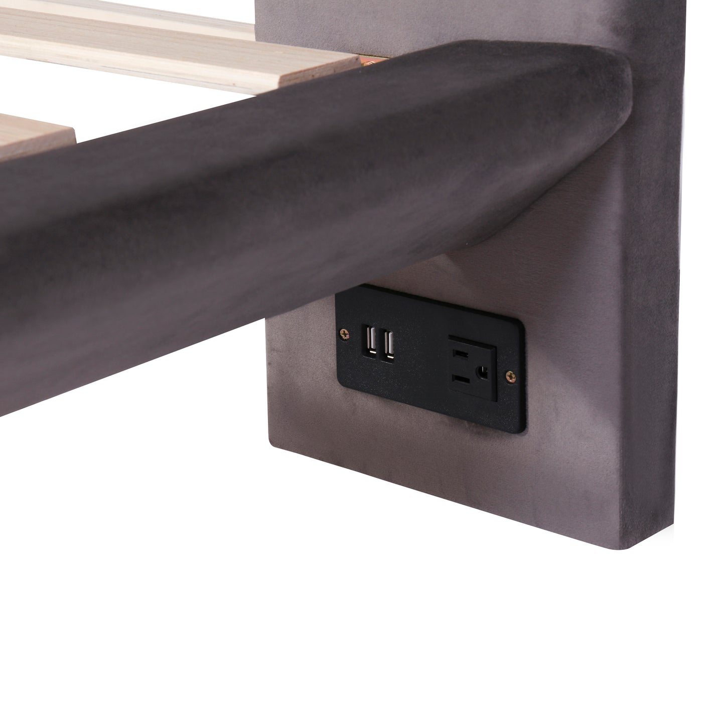 Queen Size Upholstered Platform Bed with Sensor Light and 2 Large Backrests, Stylish Platform Bed with 2 sets of USB Port and Socket on each rear Bed Leg, Gray