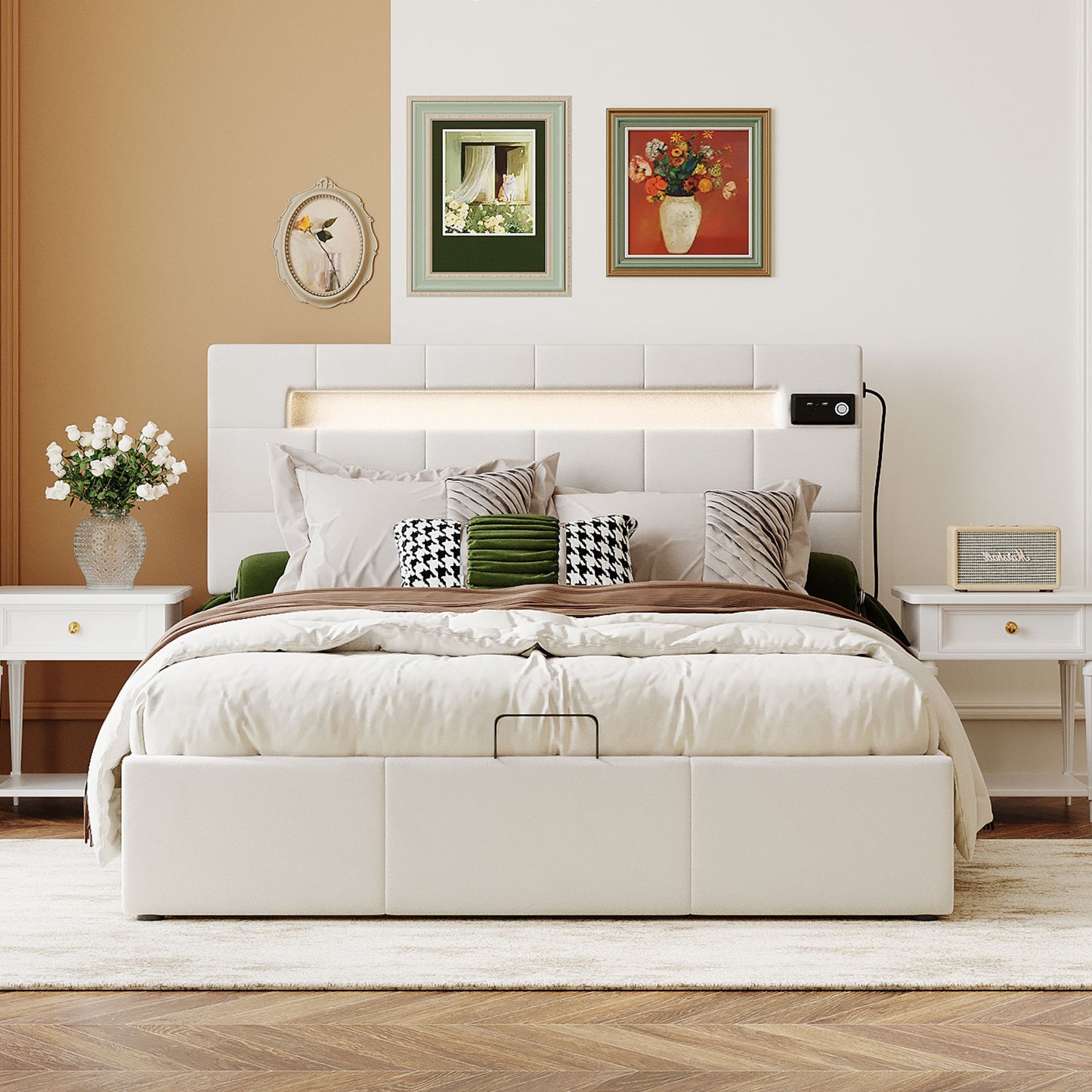 Full Size Upholstered Bed with LED Light and Integrated Bluetooth Audio System, Modern Platform Bed with Hydraulic Storage System and USB Port, Velvet , Beige